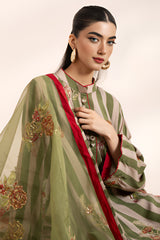 3-PC Embroidered Raw-Silk Shirt with Organza Dupatta and Trouser CMA-4-032 Green