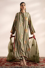 3-PC Embroidered Raw-Silk Shirt with Organza Dupatta and Trouser CMA-4-032 Green
