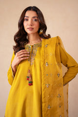 3-PC Embroidered Raw-Silk Shirt with Embroidered Organza Dupatta and Trouser CMA-4-077 MUSTARD