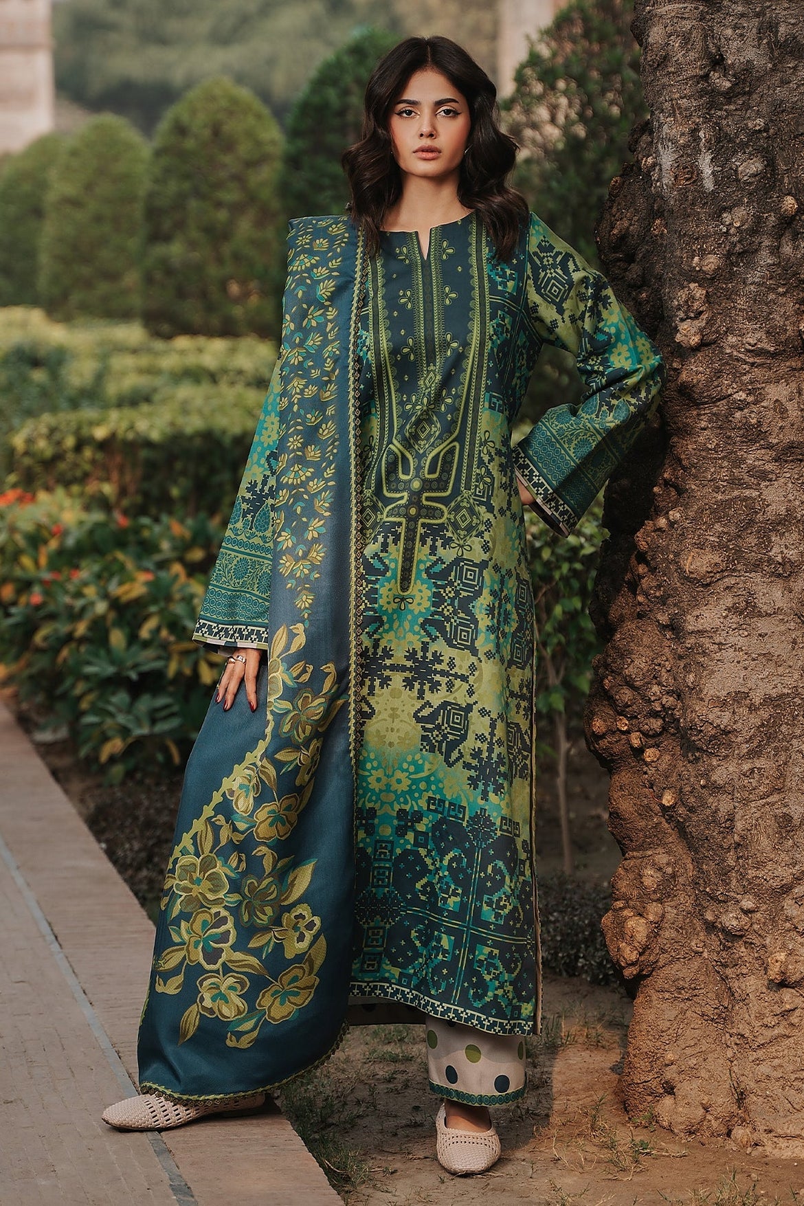 charizma green dress Charizma Vasl Embroidered Printed Chiffon Dress