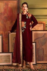 3-PC Embroidered Velvet Shirt with Embroidered Chiffon Dupatta and Trouser VVT4-03