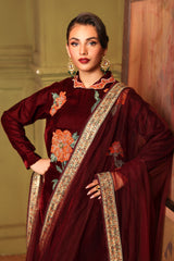 3-PC Embroidered Velvet Shirt with Embroidered Chiffon Dupatta and Trouser VVT4-03