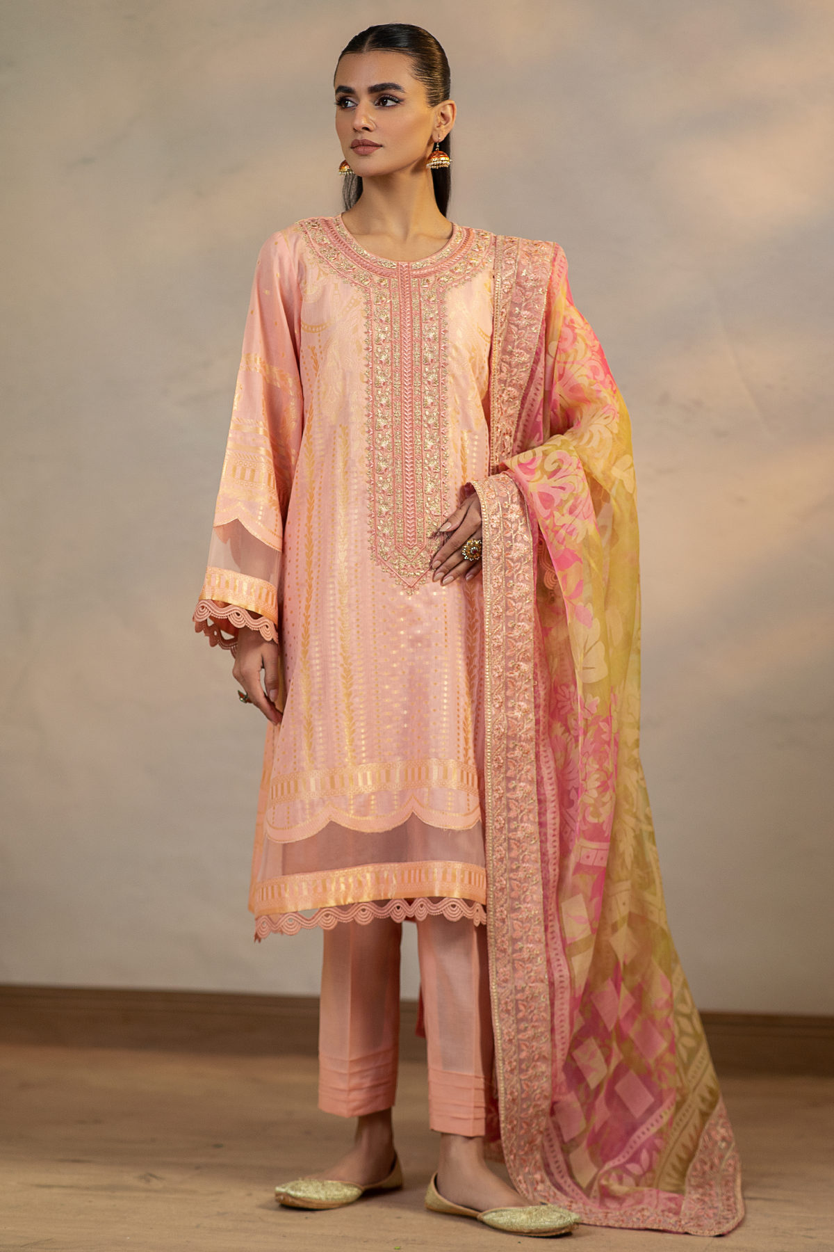 3 Pc Unstitched Embroidered Cambric Jacquard with Embroidered Chiffon Dupatta CJ4-08