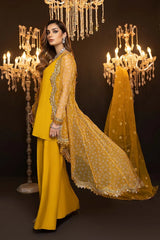 4-Pc Embroidered Long Tail Gown With Raw Silk Qlot Trouser and Organza Dupatta CMA22-88