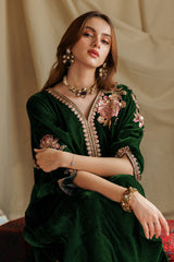 2-PC Embroidered Velvet Kaftaan with Silk Trouser VVT-5-17 GREEN