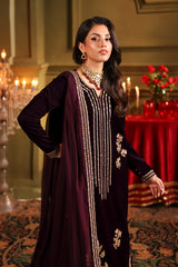 3-PC Embroidered Velvet Shirt with Embroidered Chiffon Dupatta and Trouser VVT-5-18